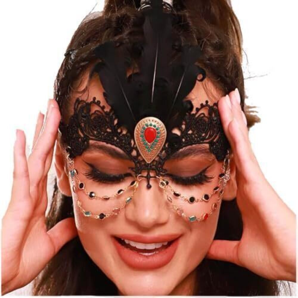 1151 Feather Masquerade Mask Black Lace Mask Costume Crystal Party Masks